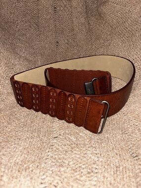 Wide Brown Leather Statement Belt with Oval Stitched Panels Elastic Back S/M